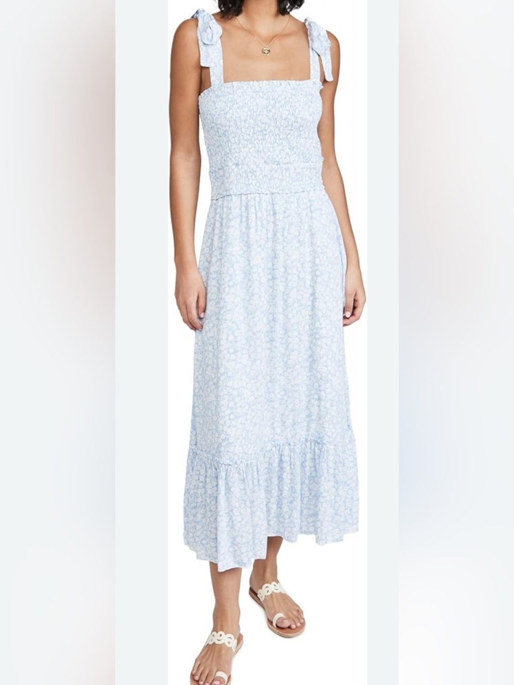 Lost + Wander Tie-Shoulder Smocked Midi Dress Size-Medium Coastal Cottagecore